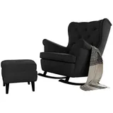 GREKPOL Schaukelsessel mit Hocker Ohrensessel Relaxliege Fernsehsessel Liegesessel gepolstert (10 Knöpfe, Falcone Black)