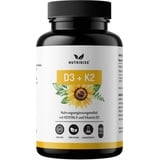 Nutridise Vitamin D3 + K2 Kapseln – 1000 IE D3 + 100 μg K2VITAL MK7 99,99% Trans-Form – optimales D3 / K2 Verhältnis - hochdosiert, laborgeprüft - 180 Kapseln