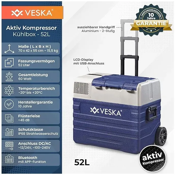 VESKA Kompressor Kühlbox elektrisch, Gefriertruhe mit APP-Steuerung - 52l blau