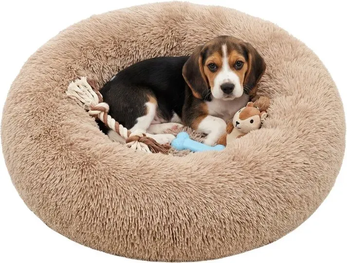 Hundebett, rundes Donut-Bett, Sofa, herausnehmbares und waschbares Zentrumskissen, weiches Plüschstoff, Durchmesser: 70 cm, Camel
