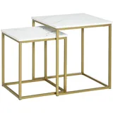 neche Runder Couchtisch in Eiche mit Kanten aus gebürstetem Aluminium, 2er-Set Beistelltische mit Holzrahmen, Tischplatte in Marmoroptik