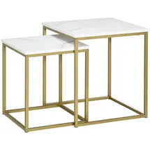 neche Runder Couchtisch in Eiche mit Kanten aus gebürstetem Aluminium, 2er-Set Beistelltische mit Holzrahmen, Tischplatte in Marmoroptik