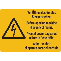 Warnschild, Vor Öffnen des Gerätes Stecker ziehen (4-sprachig), Folie - 105x74 mm Folie selbstklebend
