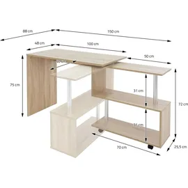 ML-Design Eckschreibtisch drehbar, Schreibtisch L-Form Winkelkombination - 4 Rädern, Sonoma Eiche, 150x88x75 cm, für Heim und B... Naturbelassen