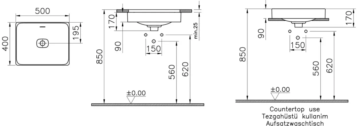 VitrA New Metropole Unterbauwaschtisch rechteckig 50 x 40 cm mit Überlaufschlitz,7534B476-7215 7534B476-7215