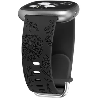 TOYOUTHS Löwenzahn Floral Gravierte Armband kompatibel mit Fitbit Versa 4/Versa 3/Sense 2/Sense Armband Frauen Weich Silikon Fancy Cute Sport Sommer Ersatzarmbänder für Versa 4, Schwarz