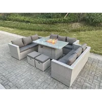 11-Sitzer Polyrattan Gartenmöbel Set im Freien Gas Feuertisch Sofa Sets mit 2 Kleiner Hocker Helles Grau - Fimous