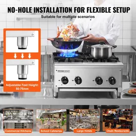 Vevor Kommerzieller Gasherd Gaskochherd mit 4 Gaskochfelder, Propan / Erdgas-Kochherd Edelstahl-Gaskochplatte, kommerzielles Kochgerät 610 x 775 x 335 mm für Restaurants Hotel Café 28 kW