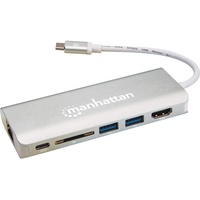 Manhattan USB-C Multiport-Adapter USB 3.1 Typ C-Stecker auf HDMI-Buchse (4K@30Hz) zwei USB 3.0 Typ A-Ports USB-C Power Delivery (PD)-Port Gigabit RJ45-Port SD Card Reader; Aluminiumgehäuse grau