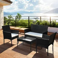 Ikodm 4-teiliges Polyrattan-Gartenmöbel-Set mit 2 Sesseln, Sofa, Glastisch und Kissen, Schwarz - Schwarz