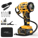 AUTDER Akku Luftkompressor 180 PSI – Tragbare Reifenpumpe mit 21V wiederaufladbarem Akku & 12V DC Auto-Adapter, Digitaler Luftkompressor für Auto, Motorrad, Fahrrad & Sportbälle – Gelb