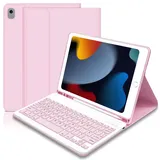Hofsos ipad Hülle mit Tastatur 10.2, iPad 9.Generation 2021 (QWERTZ), Schutzhülle mit Beleuchtete Abnehmbare Wireless Tastatur für iPad 9/8/7, iPad Air 3, iPad Pro 10.5(Rosa)