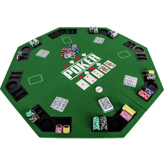GAMES PLANET Faltbare Pokerauflage „Full House“ für bis zu 8 Spieler, achteckig, Maße 120x120 cm, MDF Platte, 8 Getränkehalter, 8 Chiptrays, grün