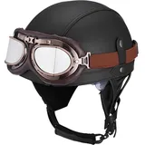 Motorrad Vintage Helm Aus Deutschem Leder Mit Offenem Gesicht Mit Schutzbrille Verstecktem Visier Chopper-Pilot Moped Fahrrad Cruiser Scooter DOT/ECE-geprüft