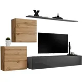 Meublorama - Wohnzimmermöbelset Switch V Design, In Glänzendem Grau Und Wotan-eiche.