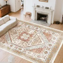 Vevor Flächenteppich, 2439 x 3048 mm, Kurzflor, waschbarer Teppich, rutschfester Wohnzimmerteppich, Vintage-Stil, Innenmatte für Schlafzimmer, Wohnzimmer, Kinderzimmer, Büro, Braunrot