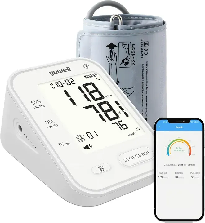 yuwell Intelligentes Oberarm-Blutdruckmessgerät mit Bluetooth | Manschette für 22-45 cm, Sprachübertragung, Hintergrundbeleuchtetes Display, Wiederaufladbarer Akku, App für iOS & Android (YE650AR)