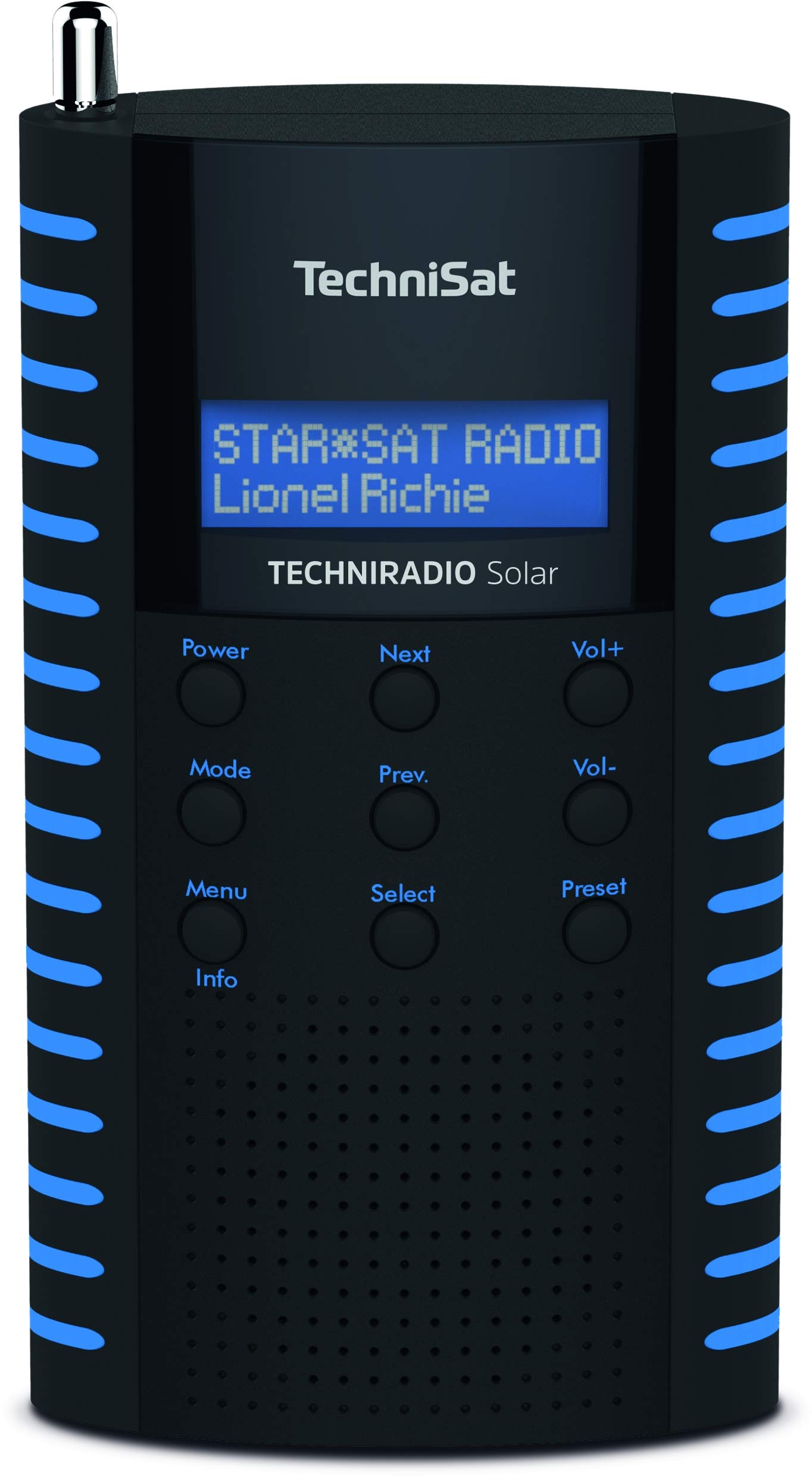 TechniSat TechniRadio Solar tragbares DAB Radio (DAB+, UKW, Kopfhöreranschluss, Aufladung über Solarpanel, IPX 5 spritzwassergeschützt) schwarz/blau