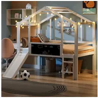 OKWISH Kinderbett Hochbett Holzbett (mit Rutsche & Leiter, Massivholzbett im Hausstil, Kreativ-Tafel, 90×200 cm), ohne Matratze weiß