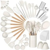 Silikon-Kochutensilien-Set, 43-teilig, antihaftbeschichtet, hitzebeständig, Küchenutensilien, Spatel-Set mit Holzgriff zum Backen, Kochen und Mischen, beste Küchenhelfer mit Halter (weiß)