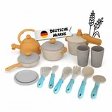 alldoro Spiel-Kochgeschirr Kinderküchen-Zubehör, Koch- und Geschirrset, 14-teilig für Kinder ab 3, Küchenspielzeug-Set mit Töpfen, Pfanne, Geschirr und Küchenhelfern bunt