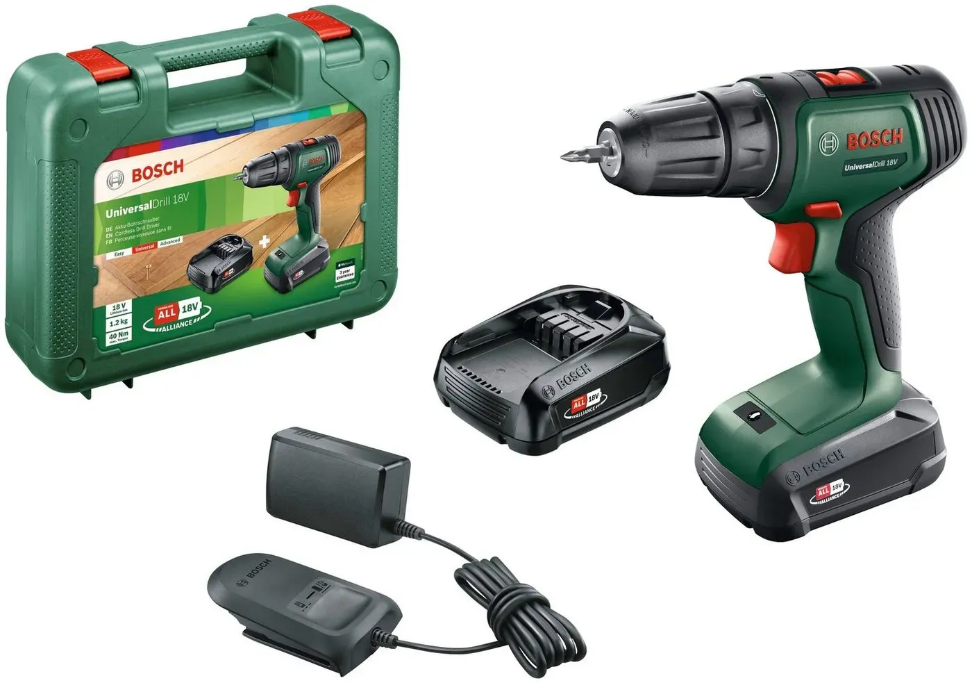 Bosch Home & Garden Akku-Schrauber Universaldrill 18V, 1450 U/min, 40 Nm, mit 2 Akkus und Ladegerät grün