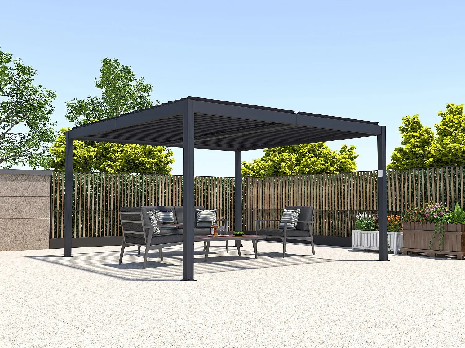 Terrassendach bioklimatisch freistehend elektrisch mit verstellbaren Lamellen - Aluminium - 15,6 m2 - Anthrazit - AMADORA
