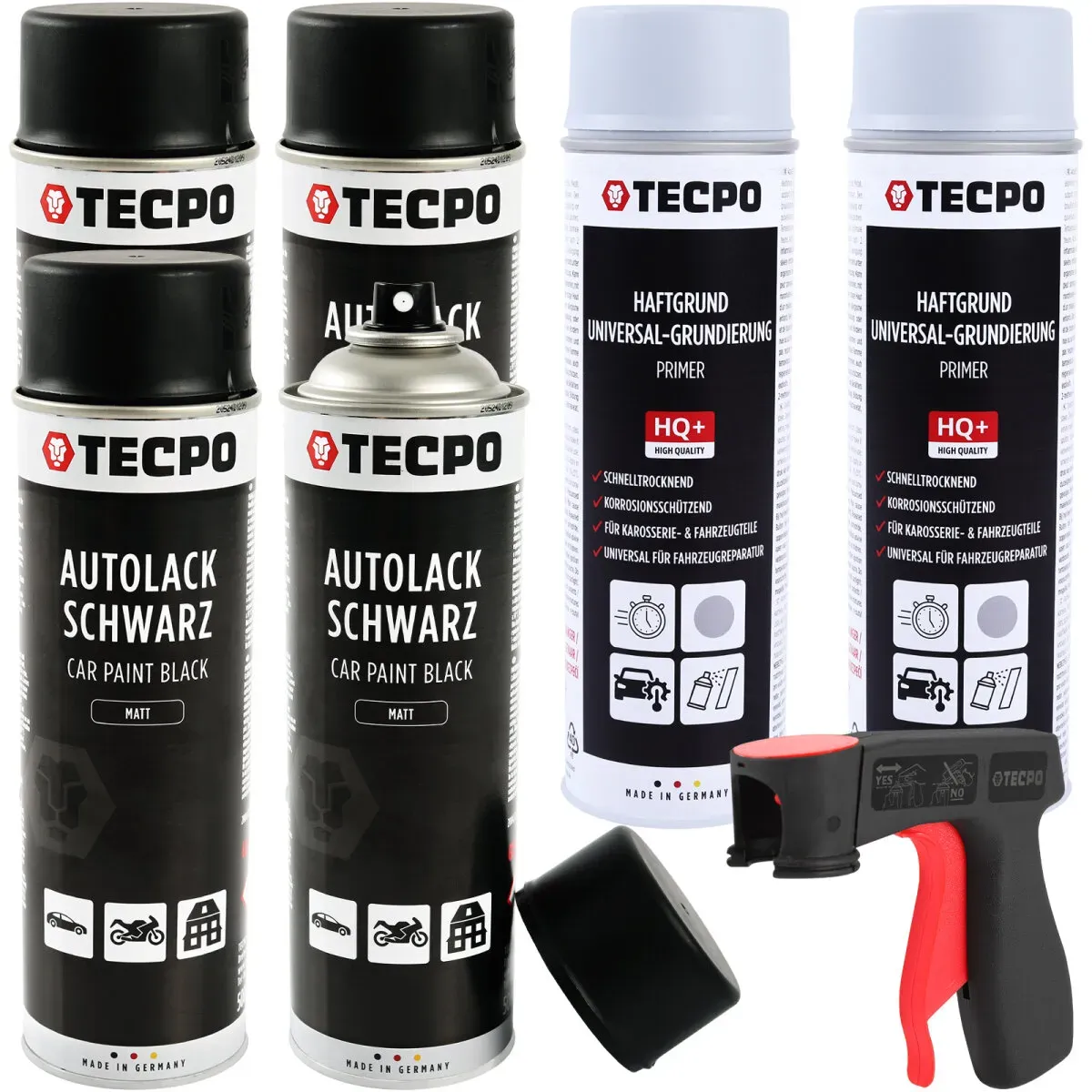 2x TECPO Autolack schwarz matt 500 ml + 4x TECPO Grundierung grau...