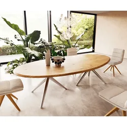 DELIFE Esstisch Edge Oval 280x130x2,5 Eiche Natur Estelar rund Edelstahl Flow-Edge, Esstische