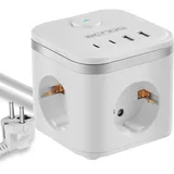 Echos 7-in-1 Steckdosenwürfel mit Kabel 3 Fach Mehrfachsteckdose mit USB C - Steckdosenleiste 4 Fach USB Mehrfachstecker mit Schalter Cube Steckdosenadapter mit Kindersicherung (mit 2M Kabel Weiß)