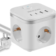 Echos 7-in-1 Steckdosenwürfel mit Kabel 3 Fach Mehrfachsteckdose mit USB C - Steckdosenleiste 4 Fach USB Mehrfachstecker mit Schalter Cube Steckdosenadapter mit Kindersicherung (mit 2M Kabel Weiß)