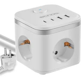 Echos 7-in-1 Steckdosenwürfel mit Kabel 3 Fach Mehrfachsteckdose mit USB C - Steckdosenleiste 4 Fach USB Mehrfachstecker mit Schalter Cube Steckdosenadapter mit Kindersicherung (mit 2M Kabel Weiß)