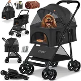 Lovpet Hundebuggy 2in1 Hundewagen max. bis 20kg Buggy für Haustiere, (Hundebox & Tasche mit Regenschutzabdeckung Getränkehalter Kuscheldecke), Haustier- & Katzenbuggy faltbar & klappbar mit Netzfenster grau