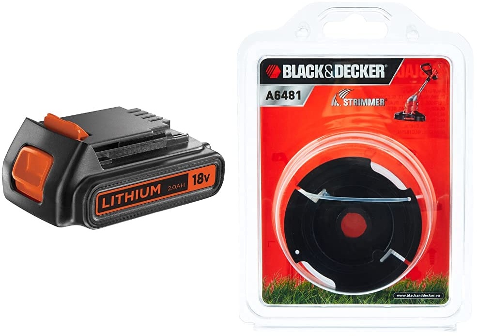 Black+Decker Li-Ion Slidepack Akku (18V 2,0Ah, passend für alle Black+Decker 18V-Gartengeräte) BL2018 & vollautomatische Einzelfadenspule (für Rasentrimmer 10 m Länge, 1,5 mm Fadendurchmesser) A6481