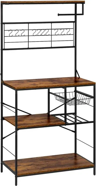WOLTU 4-stufiges Küchenregal, Mikrowellenregal mit 10 Haken, Ausziehkorb, Küchenrollenhalter, Metallrahmen, 80x40x168cm, Rustikal Braun+Schwarz
