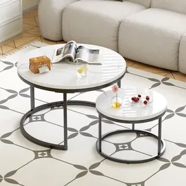 stilvora Couchtisch-Set 2-teilig rund,Wohnzimmertisch mit rutschfesten Fußpads, Beistelltisch mit Metallrahmen und Tischplatte Steinoptik - Schwarz