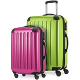 HAUPTSTADTKOFFER - Alex - 2er Kofferset Hartschale glänzend, mittelgrosser Koffer 65 cm + Handgepäck 55 cm, 74 + 42 Liter, TSA, Apfelgrün-magenta