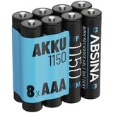 ABSINA Akku 1150 8er Pack - Akku mit min. 1050mAh & 1,2V - AAA für Geräte mit hohem Stromverbrauch - AAA wiederaufladbar ideal für Telefon