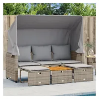 vidaXL Outdoor-Sofa 3-Sitzer mit Dach und Hockern Grau Poly Rattan
