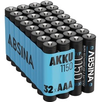 ABSINA AAA Akku 1150 NiMH 32er Pack - Akku AAA Micro mit 1,2V & min. 1050 mAh - AAA Akkus wiederaufladbar für Geräte mit hohem Stromverbrauch - Batterien AAA wiederaufladbar ideal für DECT Telefon