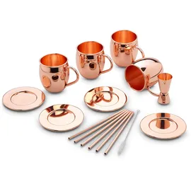 Echtwerk Moscow Mule Becher Set 13tlg aus Edelstahl bestehend aus 4x Kupferbecher 500ml, 4x Untersetzer, 4x Strohhalm und 1x Messbecher 2cl/4cl, EW-MM-1714G,
