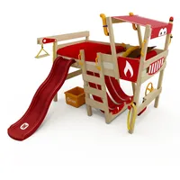 Wickey Hochbett mit Rutsche Crazy Smoky Kinderbett 90 x 200 Spielbett Kinder mit Lattenboden und viel Zubehör, Feuerwehrbett, rote Plane + rote Rutsche