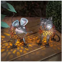 esotec Solar Metall Figuren für den Garten Vogelpaar Katz & Maus, silberfarben, Akku, Solarmodul, LED Gartendekofigur 103100