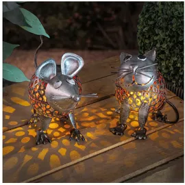 esotec Solar Metall Figuren für den Garten Vogelpaar Katz & Maus, silberfarben, Akku, Solarmodul, LED Gartendekofigur 103100