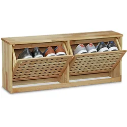 Relaxdays Schuhkipper Walnuss, massiv Holz, HxBxT:38x94x20cm, Schuhkommode/Schuhregal, moderne Aufbewahrung, natur
