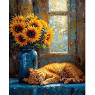 Malen Nach Zahlen Erwachsene Katze, Sonnenblumen Malen Nach Zahlen für Erwachsene, Paint by Numbers Adult auf Leinwand ohne Rahmen, DIY Acryl Painting by Numbers für Home Wall Decor Geschenk 40x50 CM