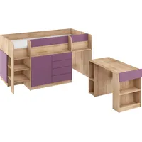 FurnitureByJDM Kompaktes, Modernes Hochbett mit Schreibtisch, Schubladen und Bücherregal – Smile L – (Eiche Sonoma/Violett)