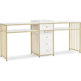 MCombo M MCombo Doppelnageltisch mit Schubladen, Schreibtisch mit Regal, Manikürtisch, Schminktisch ohne Spiegel Wohnzimmer Modern, Marmor-Weiß Gold, 2413