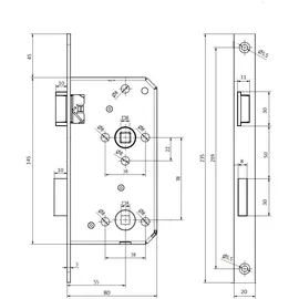 MS Beschläge Falzschloss 235x20mm Stulp eckig Einstemmschloss 55mm Dornmaß WC-Bad links