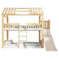 Etagenbett Kinder 90x200 mit Giebeldach Weiß & Natur Hausbett Hochbett mit Regal und 35 cm Rutsche